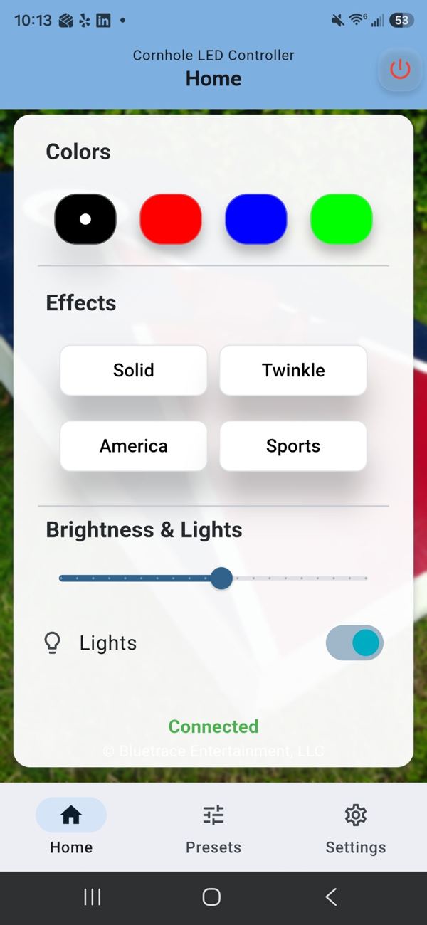 Cornhole LED Controller app Home screen with colors, effects, brightness and a Lights switch
